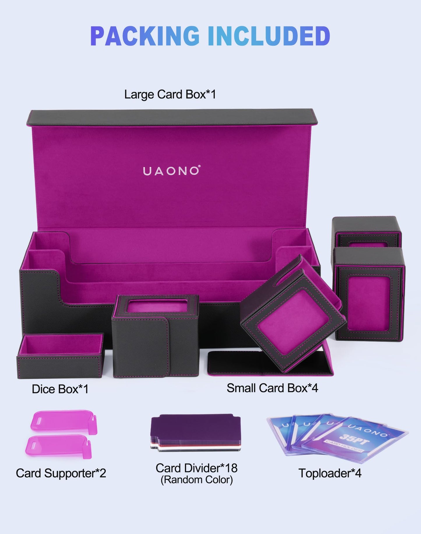 UAONO Card Storage Box 5-in-1 Deck Case – Large Capacity Organizer for MTG/TCG & Accessories (Black/Purple)