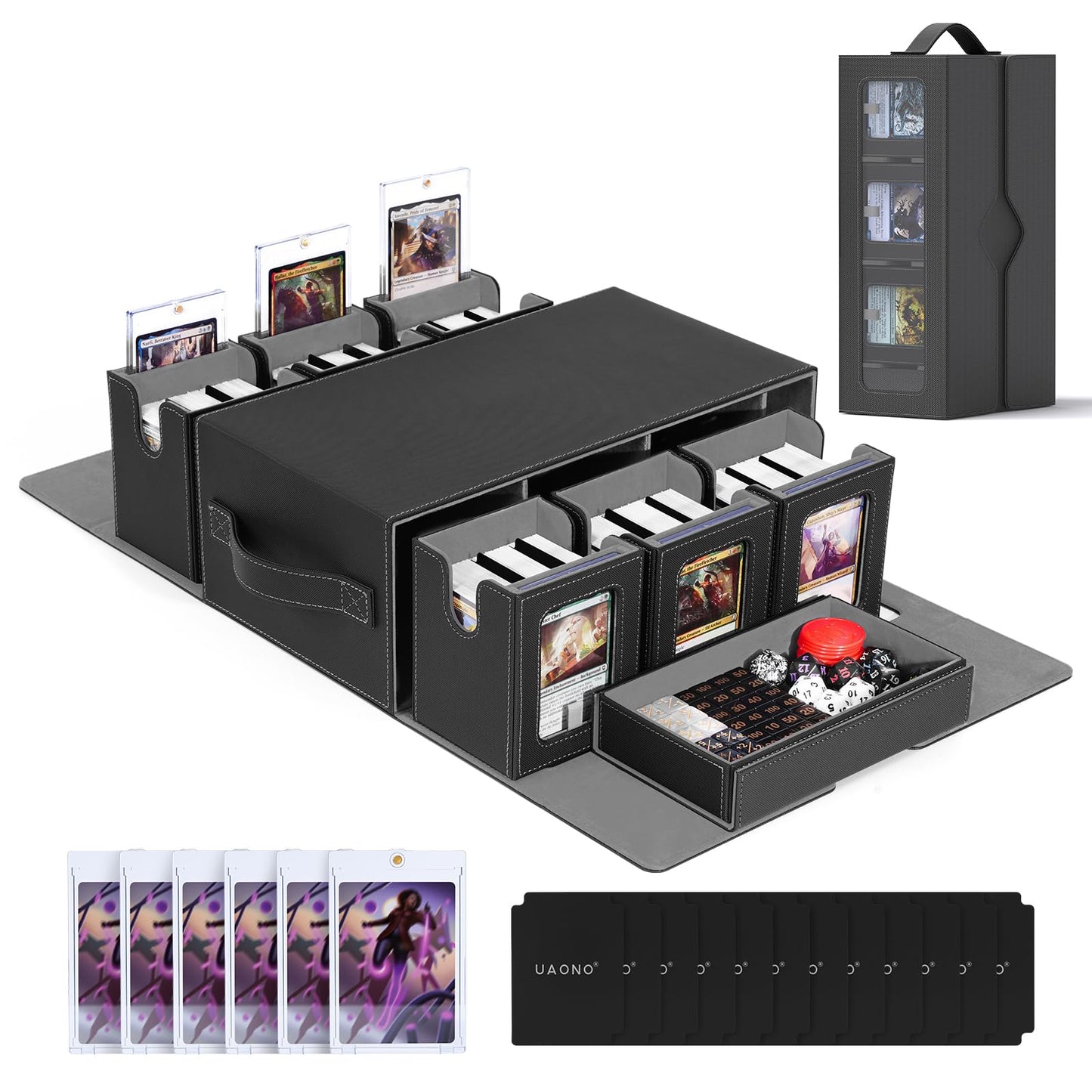 UAONO Commander Deck Box – 6-Deck Modular MTG Card Case with Dice Tray, Holds 600+ Cards
