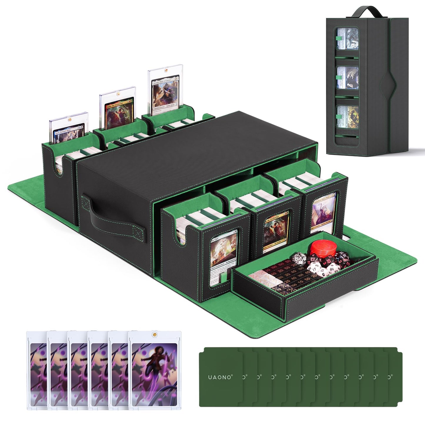 UAONO Commander Deck Box – 6-Deck Modular MTG Card Case with Dice Tray, Holds 600+ Cards (Black Green)