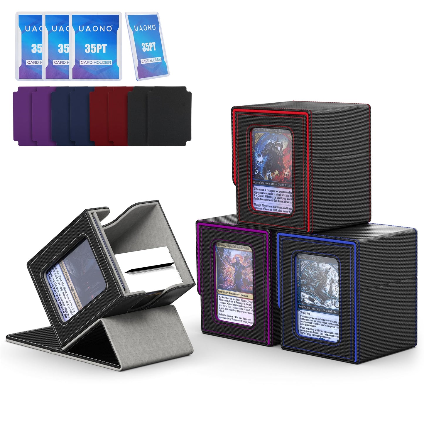 UAONO 4 Pack Commander Deck Box – Magnetic Card Boxes for MTG, 100+ Double-Sleeved, 8 Dividers, 4 Top Loaders