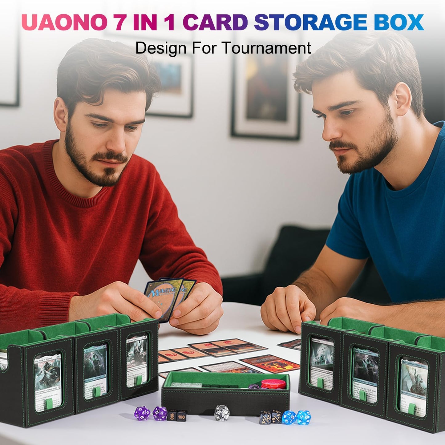 UAONO Commander Deck Box – 6-Deck Modular MTG Card Case with Dice Tray, Holds 600+ Cards (Black Green)