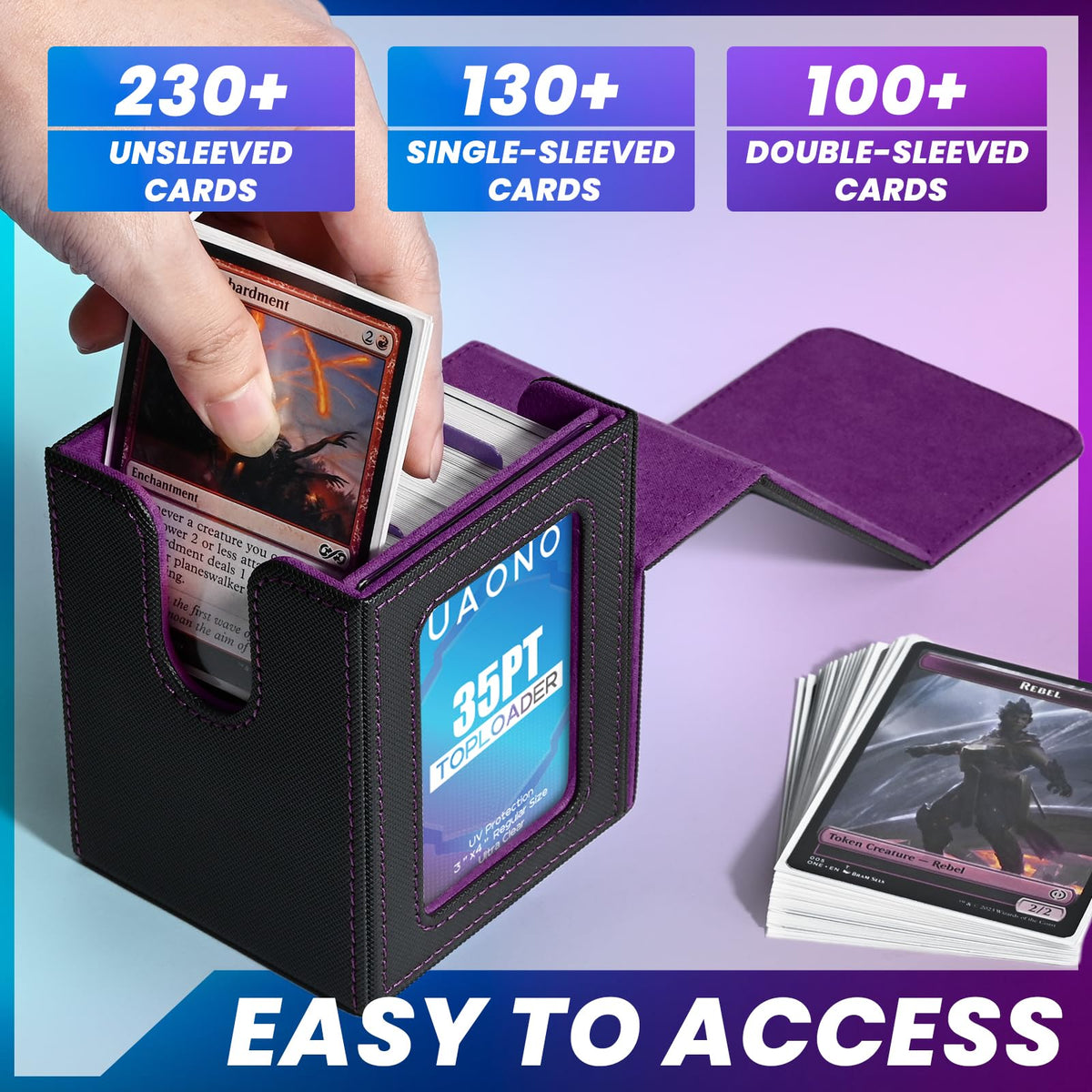 UAONO Card Deck Box with MTG Commander Display - Holds 100+ Cards, 2 Dividers, Top Loader