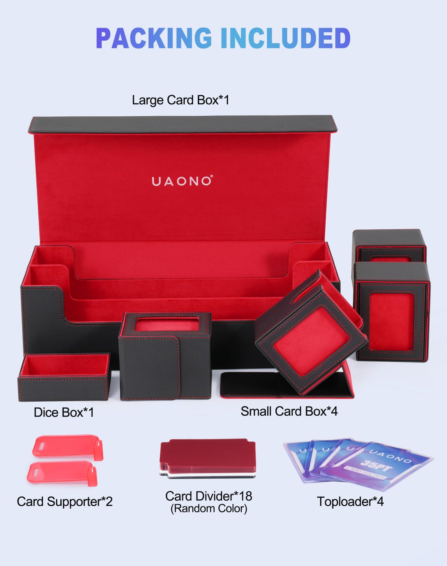 UAONO Card Storage Box 5-in-1 Deck Organizer for MTG/TCG – Large Box + 4 Small Deck Boxes (Black, Red)