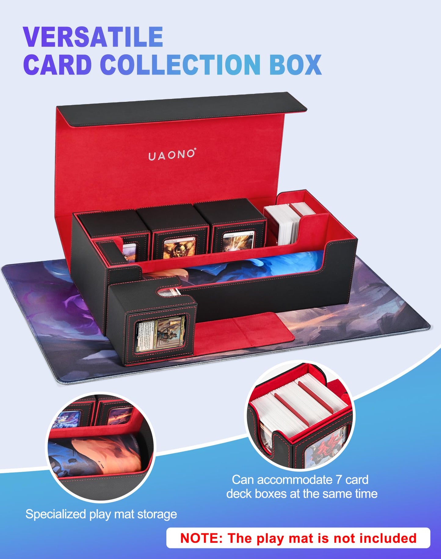 UAONO Card Storage Box 5-in-1 Deck Organizer for MTG/TCG – Large Box + 4 Small Deck Boxes (Black, Red)