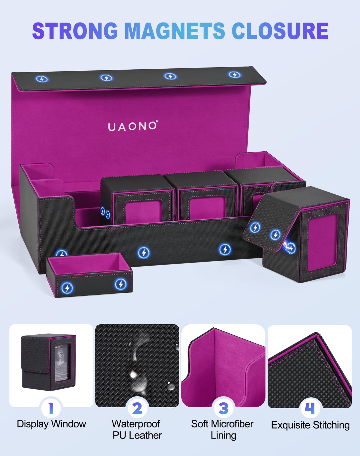 UAONO Card Storage Box 5-in-1 Deck Case – Large Capacity Organizer for MTG/TCG & Accessories (Black/Purple)