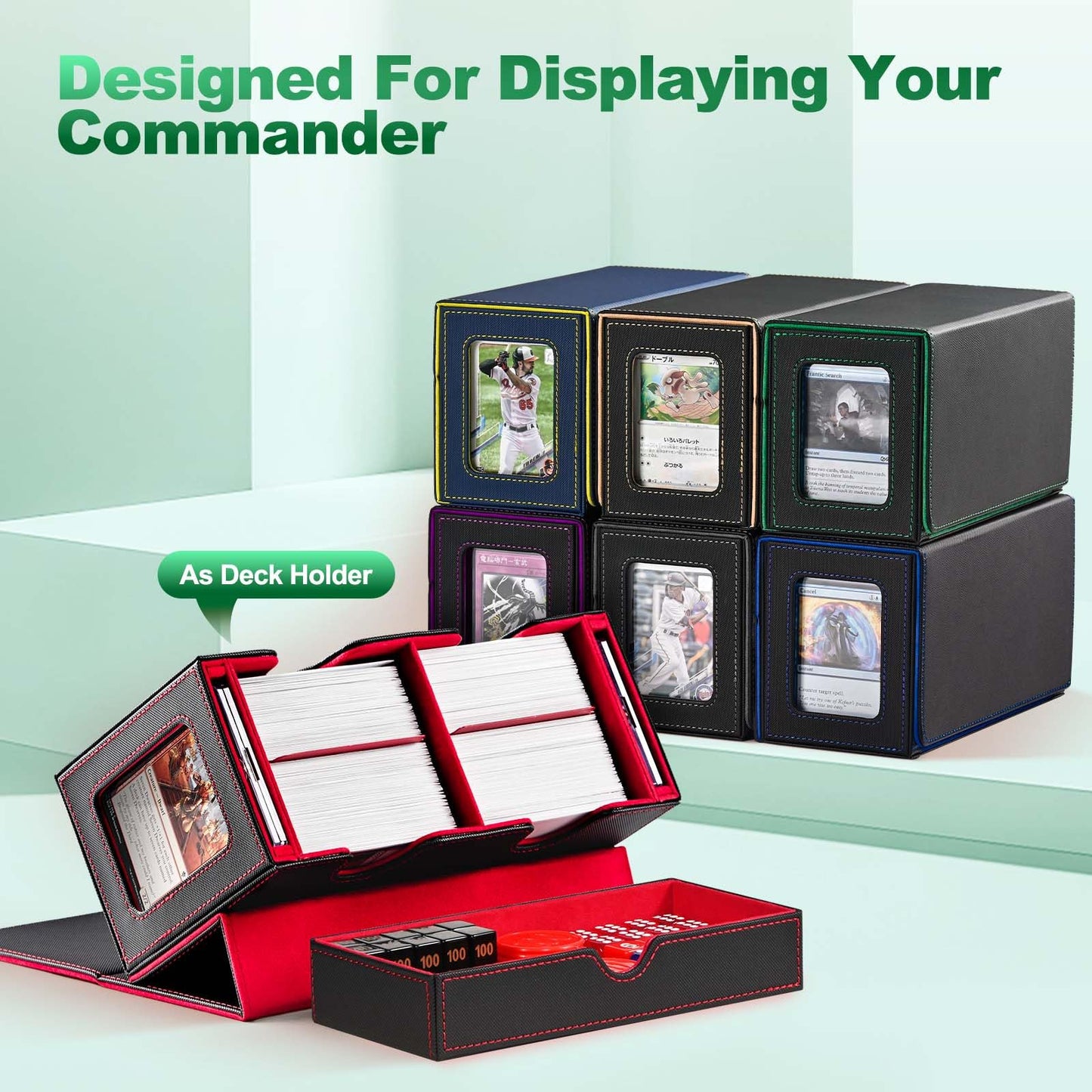 UAONO Card Deck Box for MTG - 400+ Card Capacity, Dual Commander Windows, Dice Tray