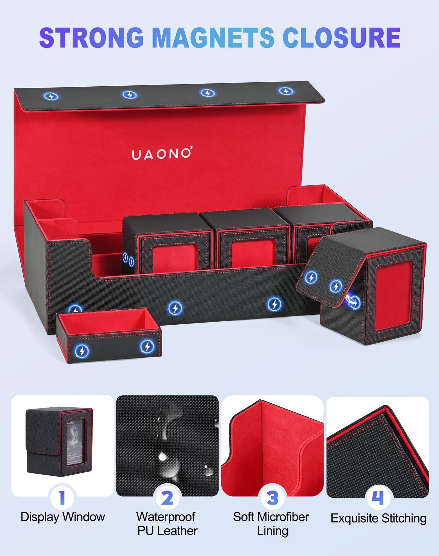 UAONO Card Storage Box 5-in-1 Deck Organizer for MTG/TCG – Large Box + 4 Small Deck Boxes (Black, Red)