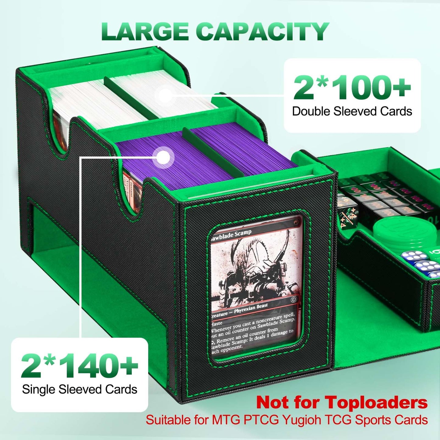 UAONO Card Deck Box for MTG - 400+ Card Capacity, Dual Commander Windows, Dice Tray