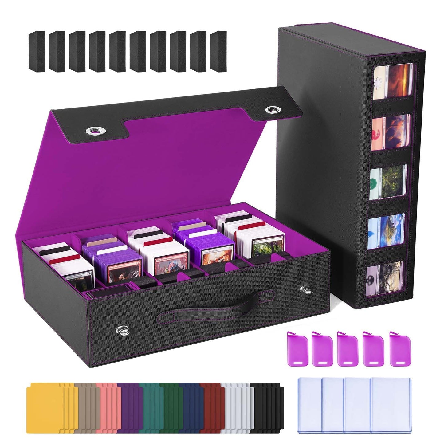 UAONO Trading Card Storage Box with Commander Display – 5-Row, Aluminum Lock, 3900+ Cards (Black Purple)