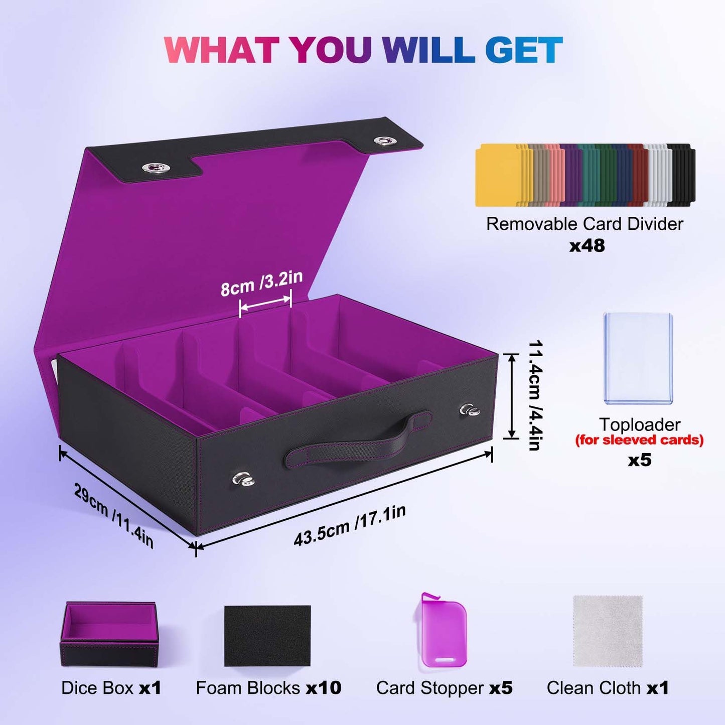 UAONO Trading Card Storage Box with Commander Display – 5-Row, Aluminum Lock, 3900+ Cards (Black Purple)