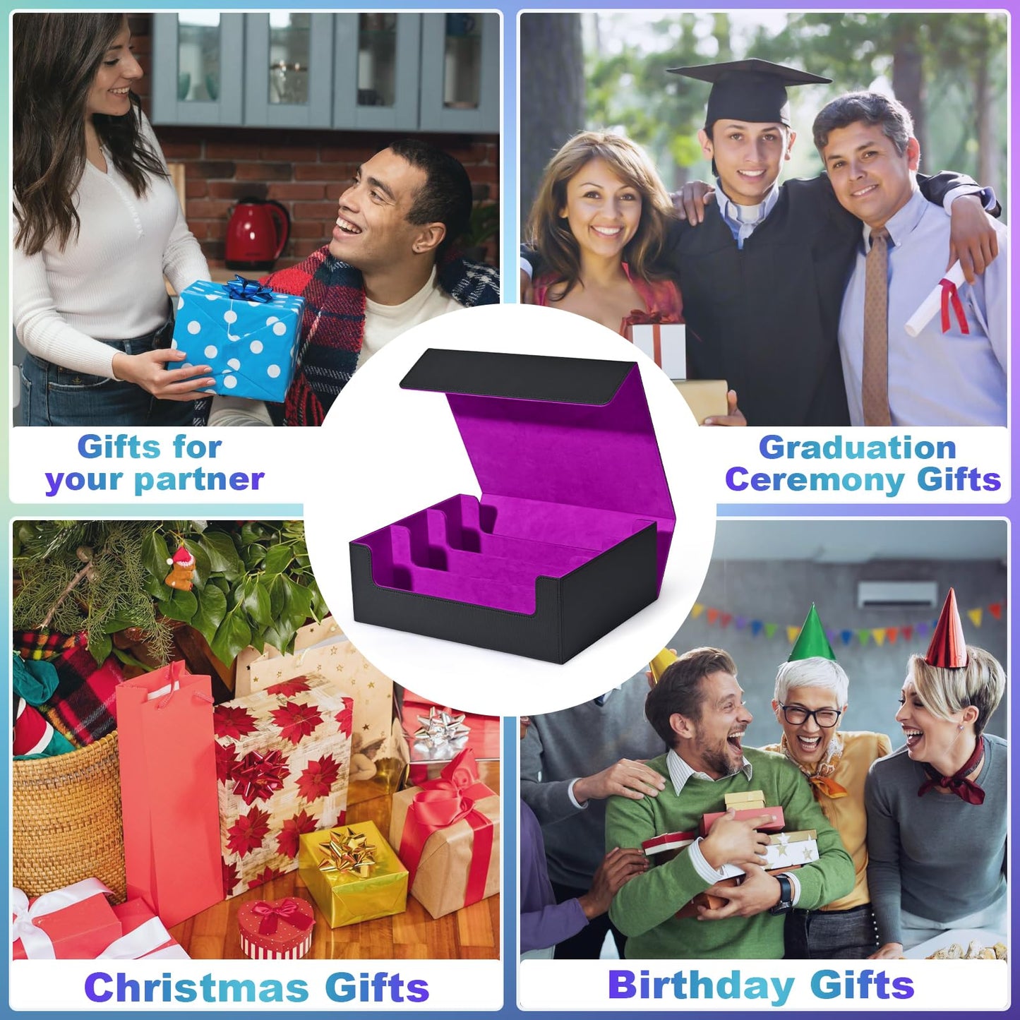 UAONO Trading Card Storage Box — 1800 Card Capacity, Magnetic Closure, PU Leather Case (Black & Purple)