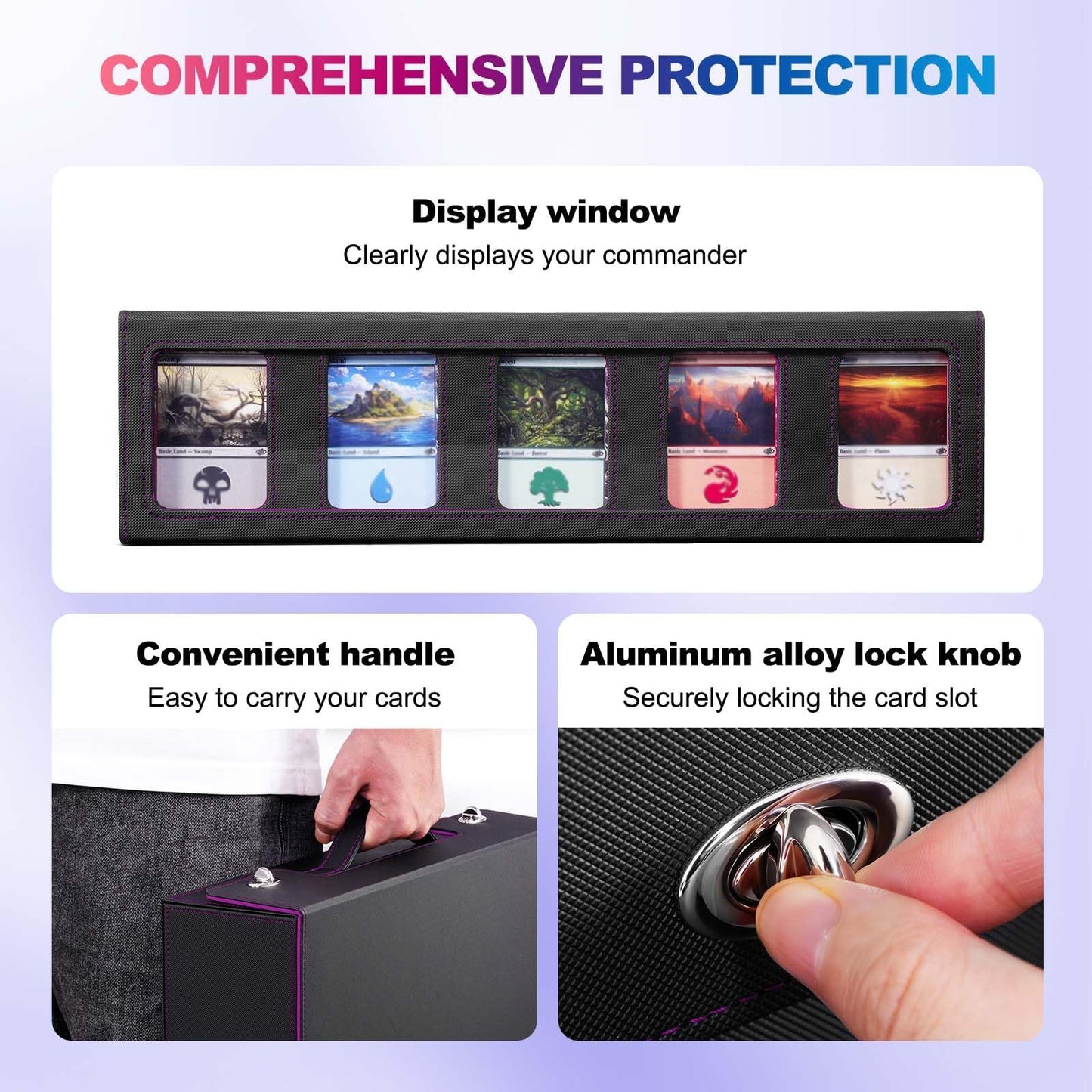 UAONO Trading Card Storage Box with Commander Display – 5-Row, Aluminum Lock, 3900+ Cards (Black Purple)