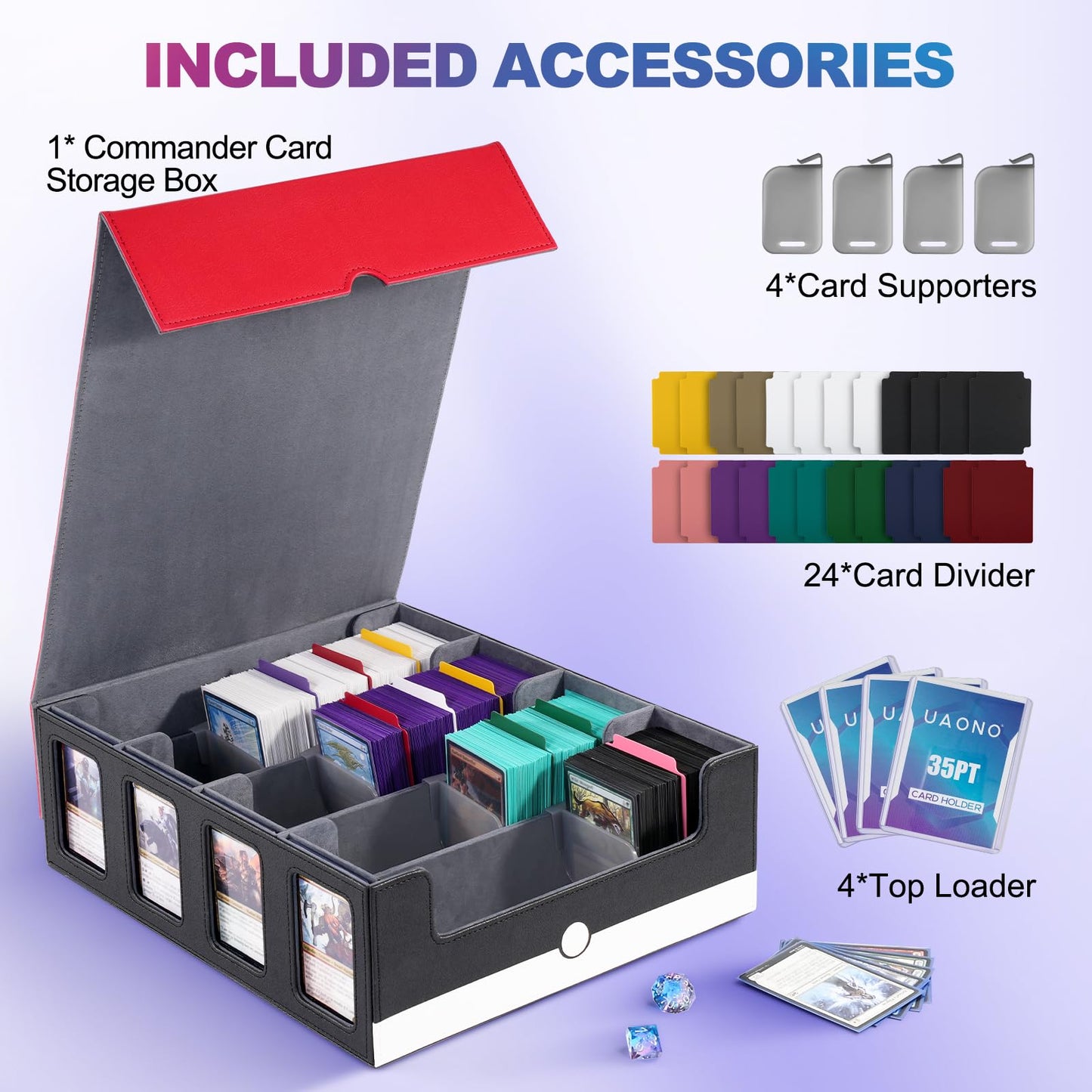 UAONO Trading Card Storage Box with Commander Display – 2400+ Deck Capacity, Removable Cover, 24 Dividers