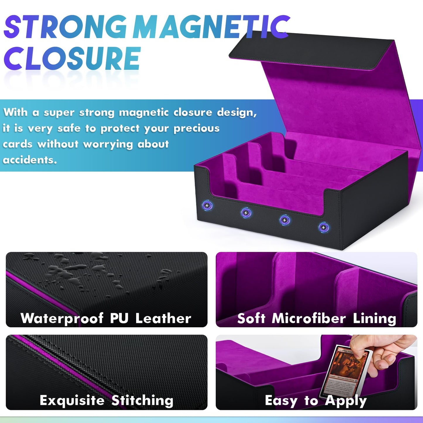 UAONO Trading Card Storage Box — 1800 Card Capacity, Magnetic Closure, PU Leather Case (Black & Purple)