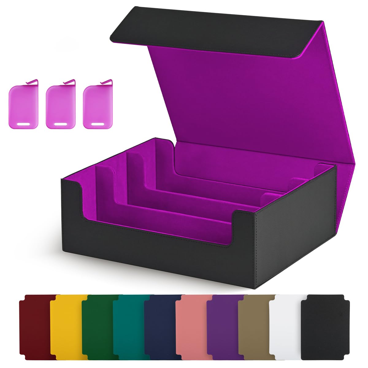 UAONO Trading Card Storage Box — 1800 Card Capacity, Magnetic Closure, PU Leather Case (Black & Purple)