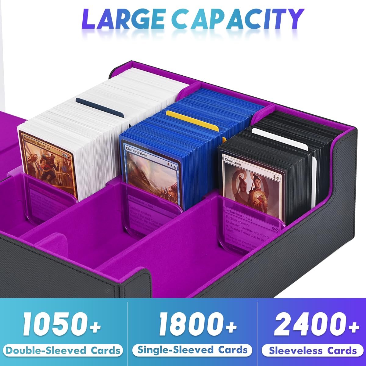 UAONO Trading Card Storage Box — 1800 Card Capacity, Magnetic Closure, PU Leather Case (Black & Purple)