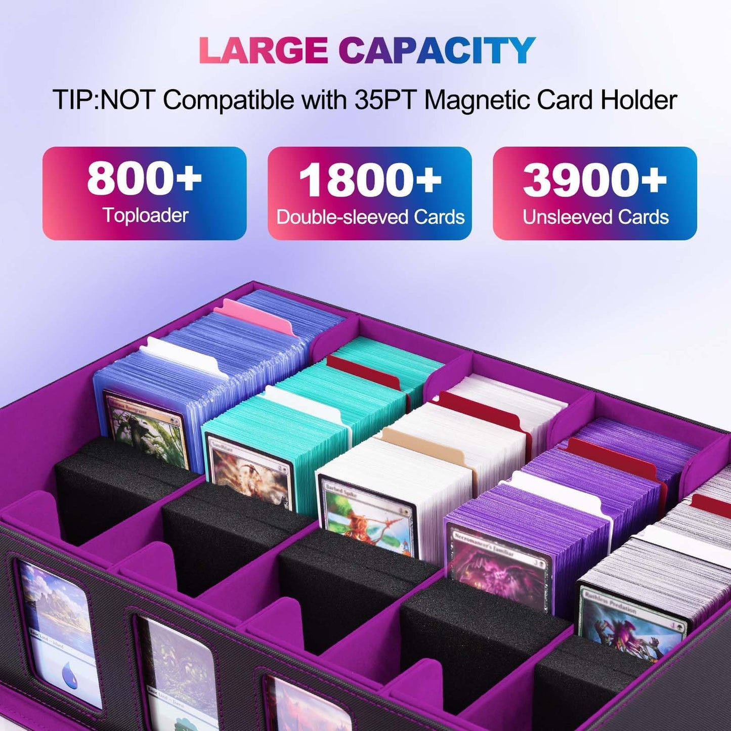 UAONO Trading Card Storage Box with Commander Display – 5-Row, Aluminum Lock, 3900+ Cards (Black Purple)