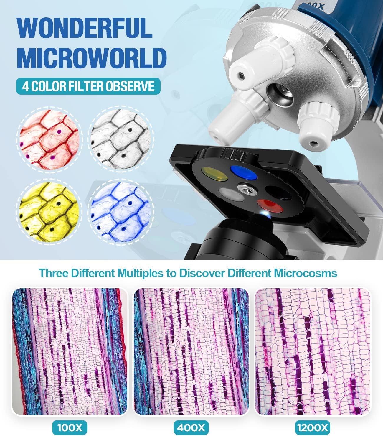 Uarzt 58-Piece Kids Microscope Kit: 100x–1200x Magnification, LED Light, Metal Body, Portable Carry Case
