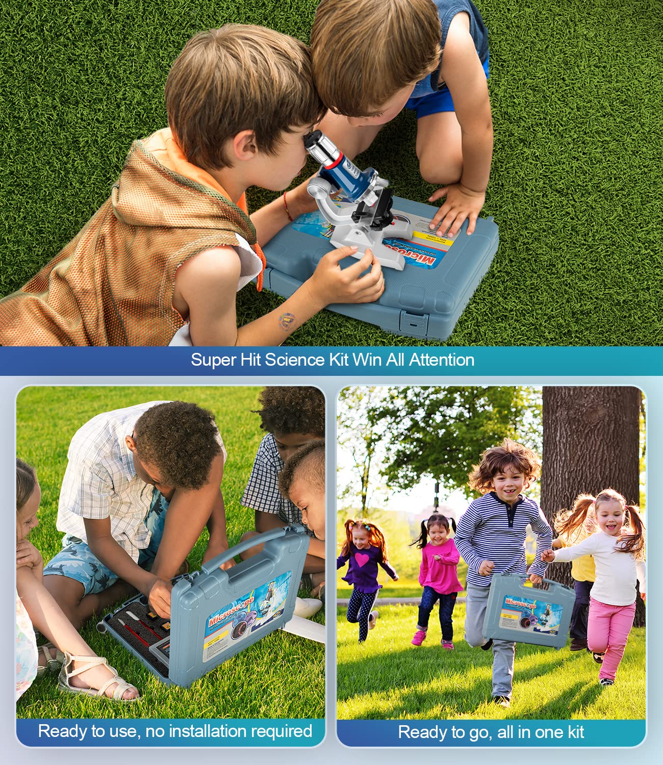 Uarzt 58-Piece Kids Microscope Kit: 100x–1200x Magnification, LED Light, Metal Body, Portable Carry Case