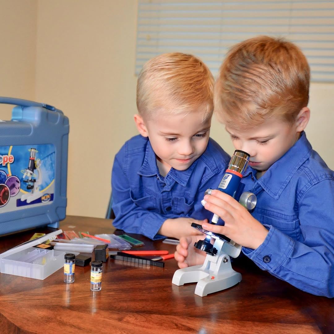 Uarzt 58-Piece Kids Microscope Kit: 100x–1200x Magnification, LED Light, Metal Body, Portable Carry Case