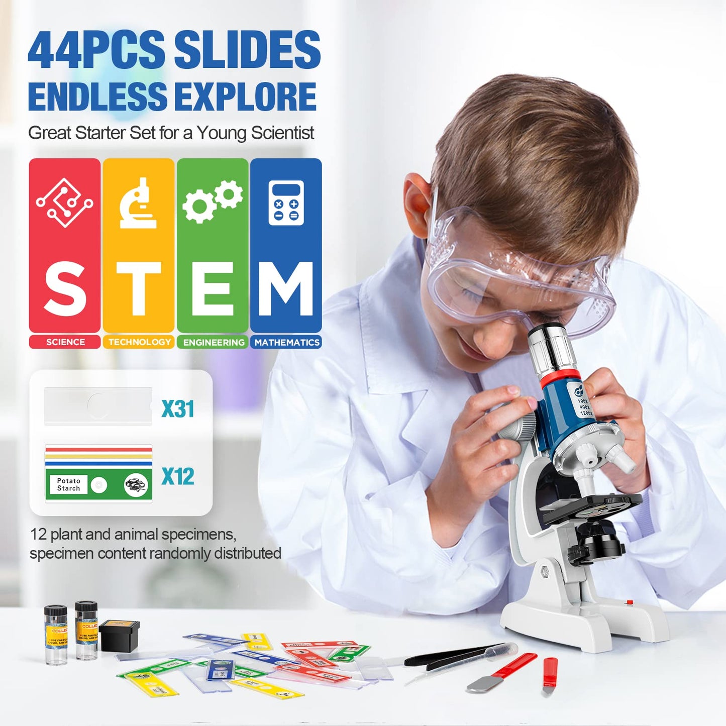 Uarzt 58-Piece Kids Microscope Kit: 100x–1200x Magnification, LED Light, Metal Body, Portable Carry Case