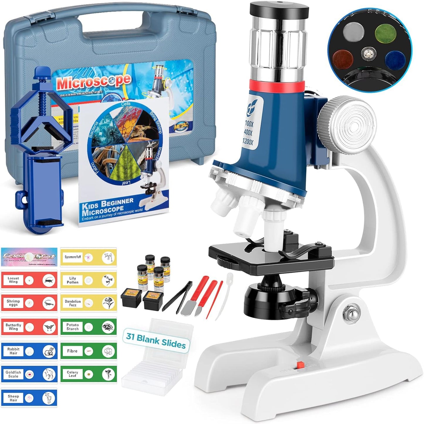 Uarzt 58-Piece Kids Microscope Kit: 100x–1200x Magnification, LED Light, Metal Body, Portable Carry Case