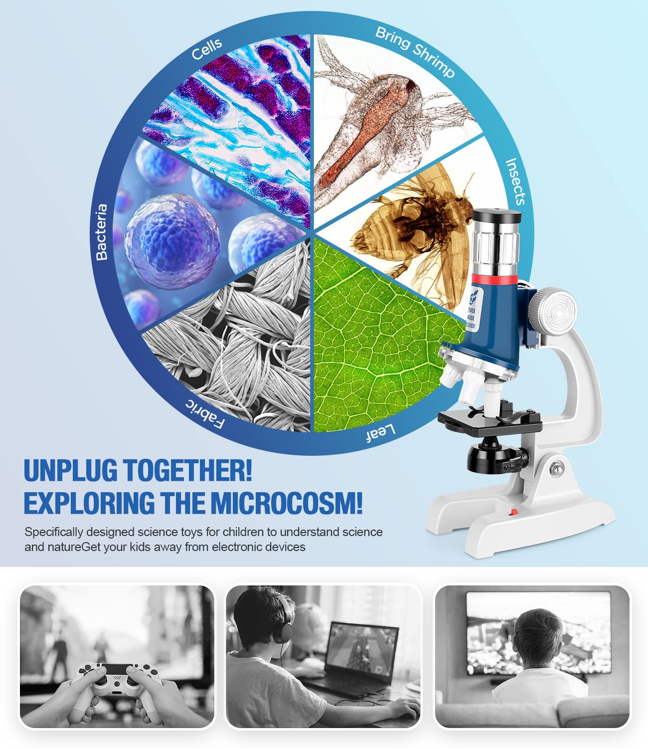 Uarzt 58-Piece Kids Microscope Kit: 100x–1200x Magnification, LED Light, Metal Body, Portable Carry Case