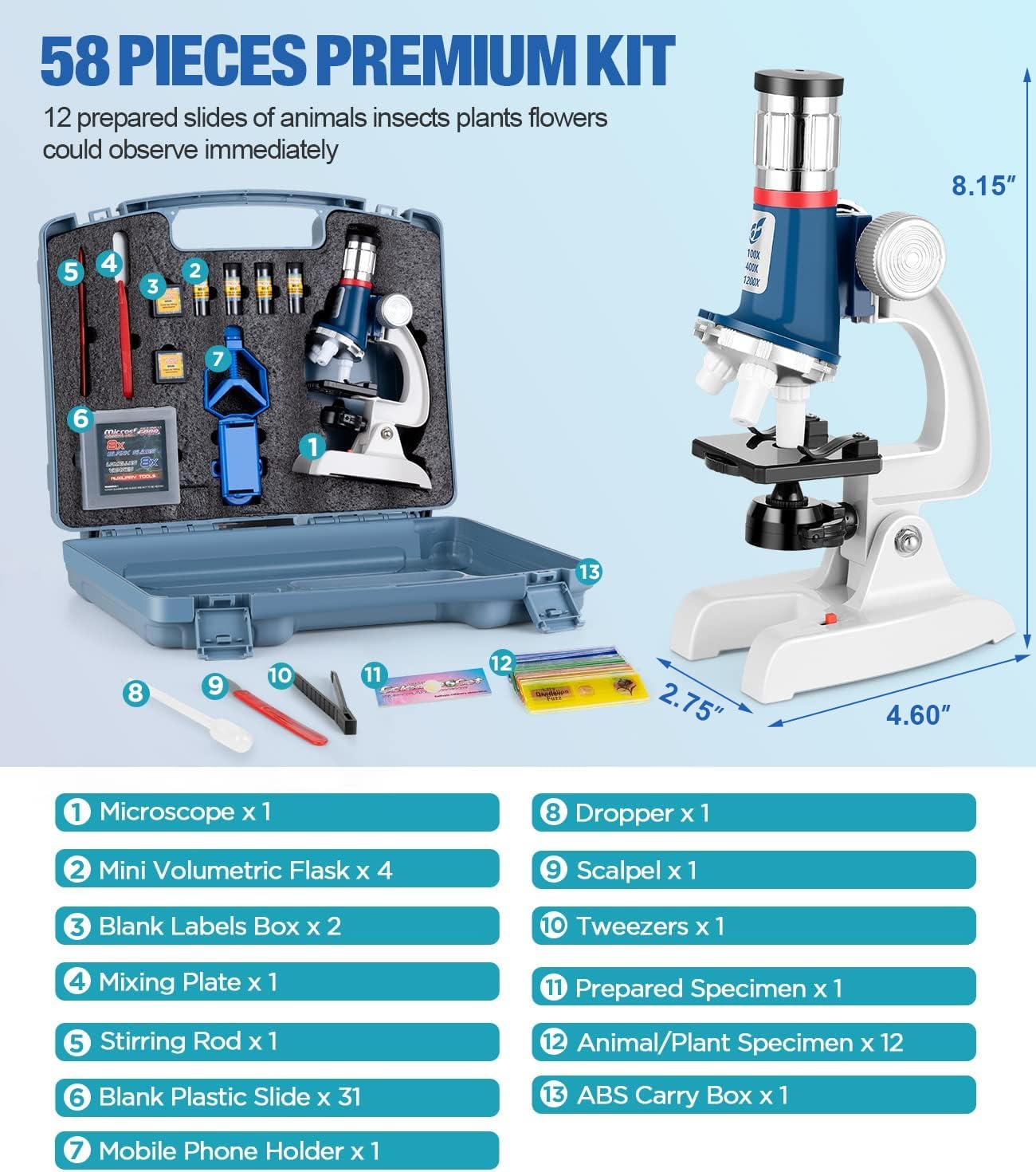 Uarzt 58-Piece Kids Microscope Kit: 100x–1200x Magnification, LED Light, Metal Body, Portable Carry Case