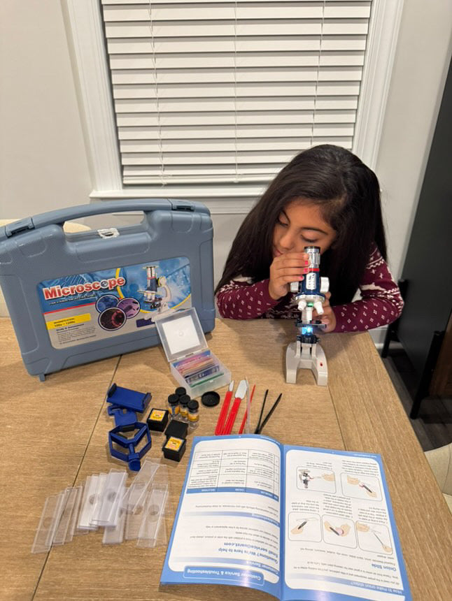 Uarzt 58-Piece Kids Microscope Kit: 100x–1200x Magnification, LED Light, Metal Body, Portable Carry Case
