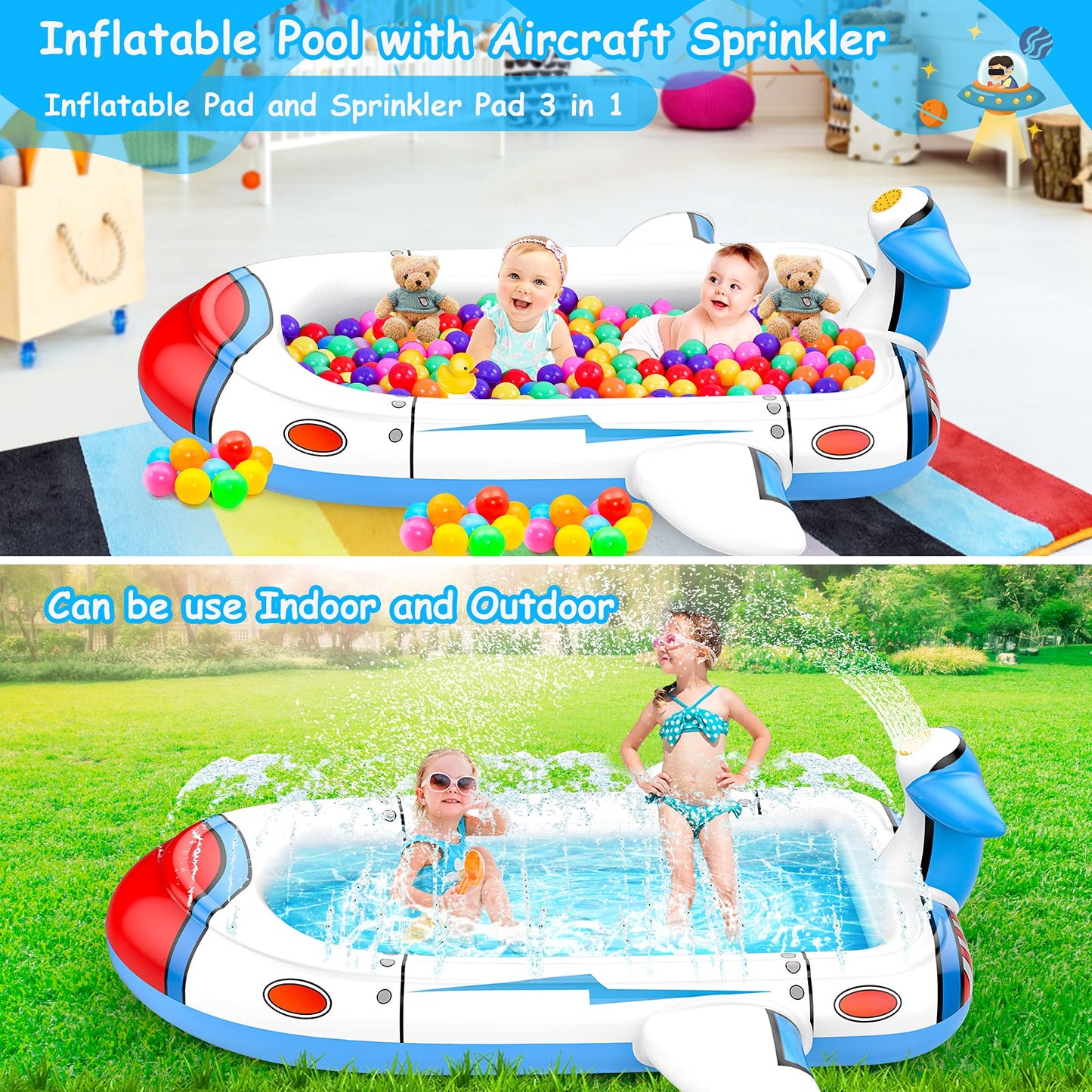 Uarzt 3-in-1 Kiddie Pool & Airplane Sprinkler — 68-Inch Backyard Splash Pad