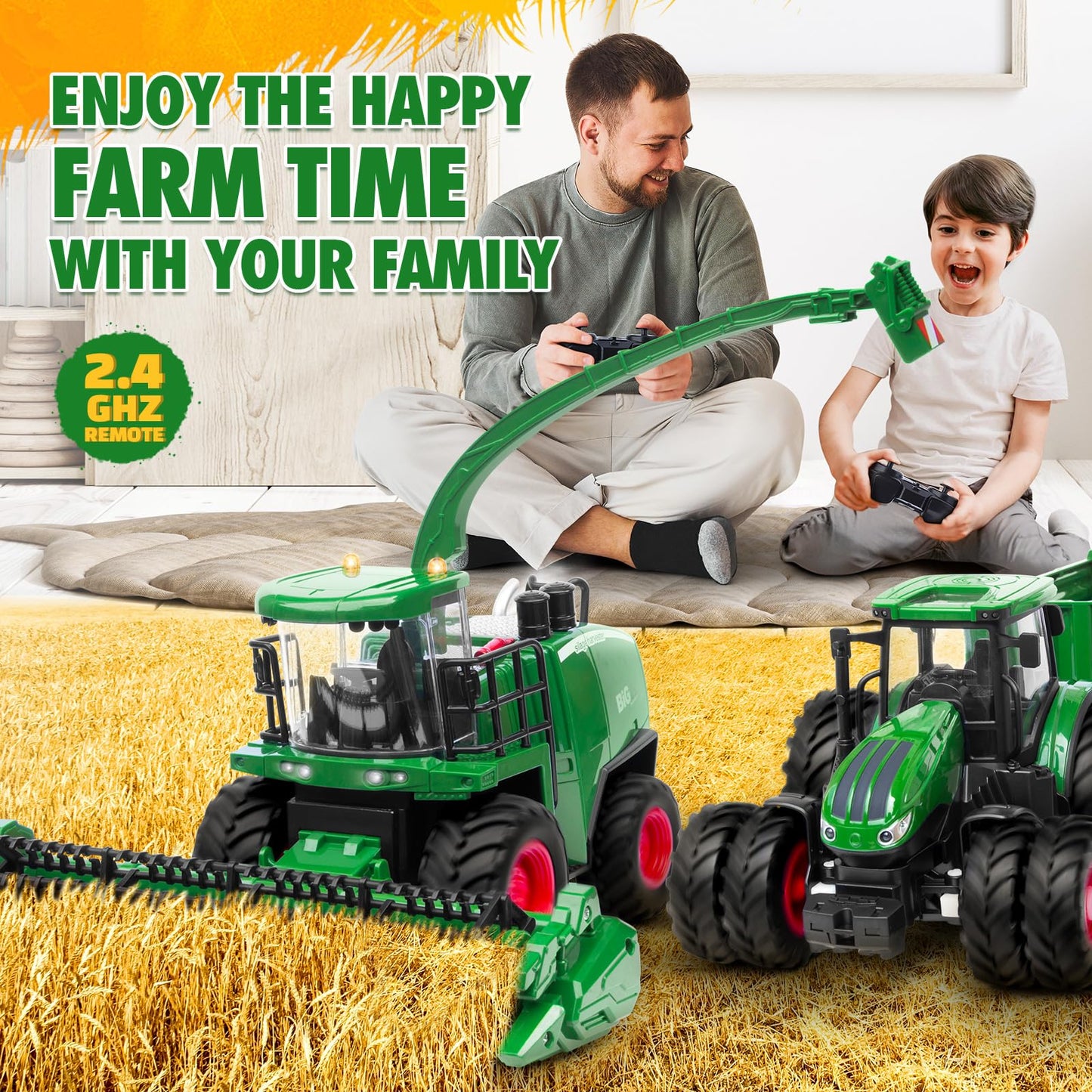 Uarzt 1/24 RC Harvester Tractor Toy – Dual Batteries, Interchangeable Heads, Realistic Lights