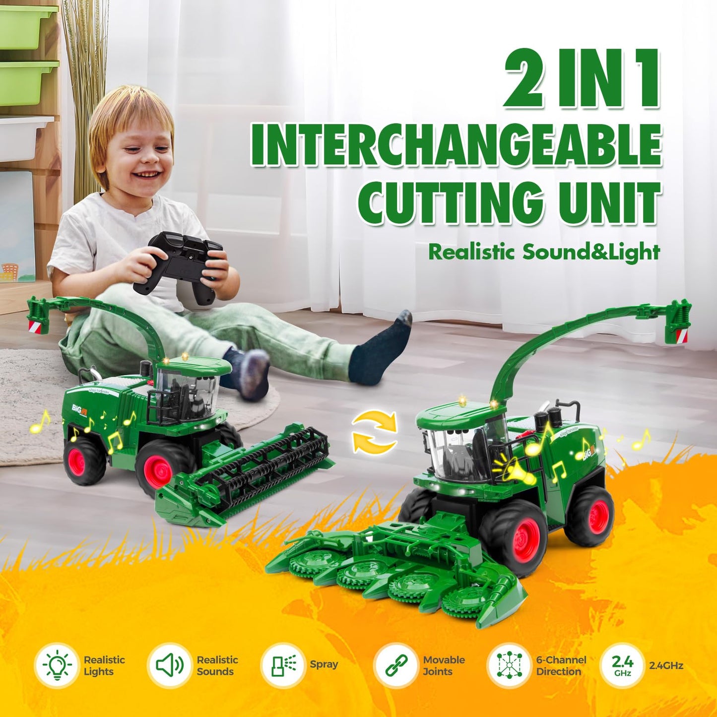 Uarzt 1/24 RC Harvester Tractor Toy – Dual Batteries, Interchangeable Heads, Realistic Lights