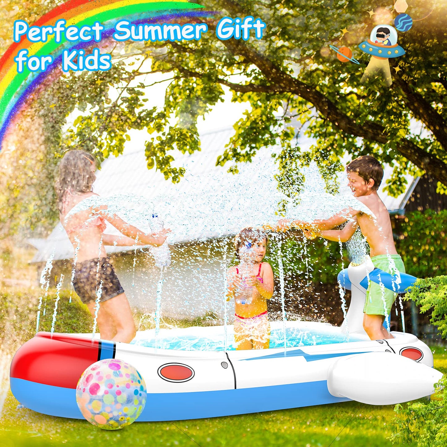 Uarzt 3-in-1 Kiddie Pool & Airplane Sprinkler — 68-Inch Backyard Splash Pad