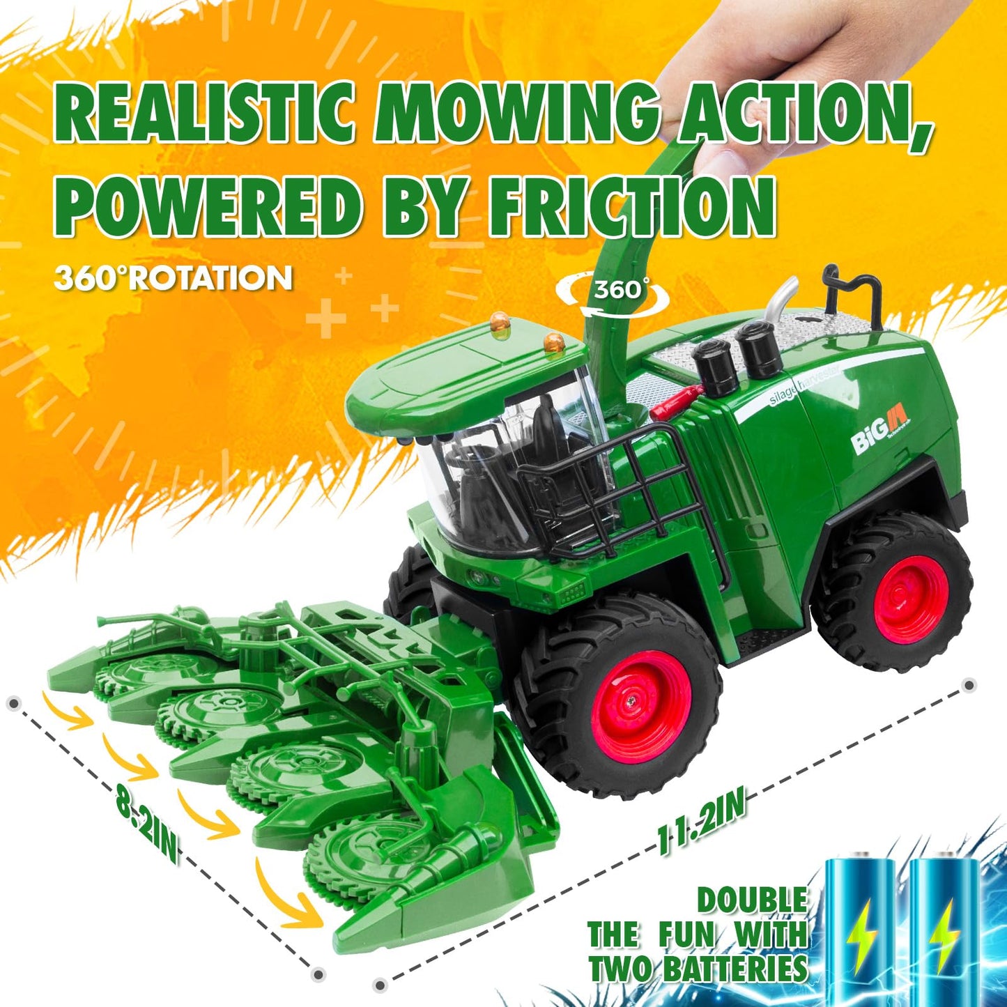 Uarzt 1/24 RC Harvester Tractor Toy – Dual Batteries, Interchangeable Heads, Realistic Lights