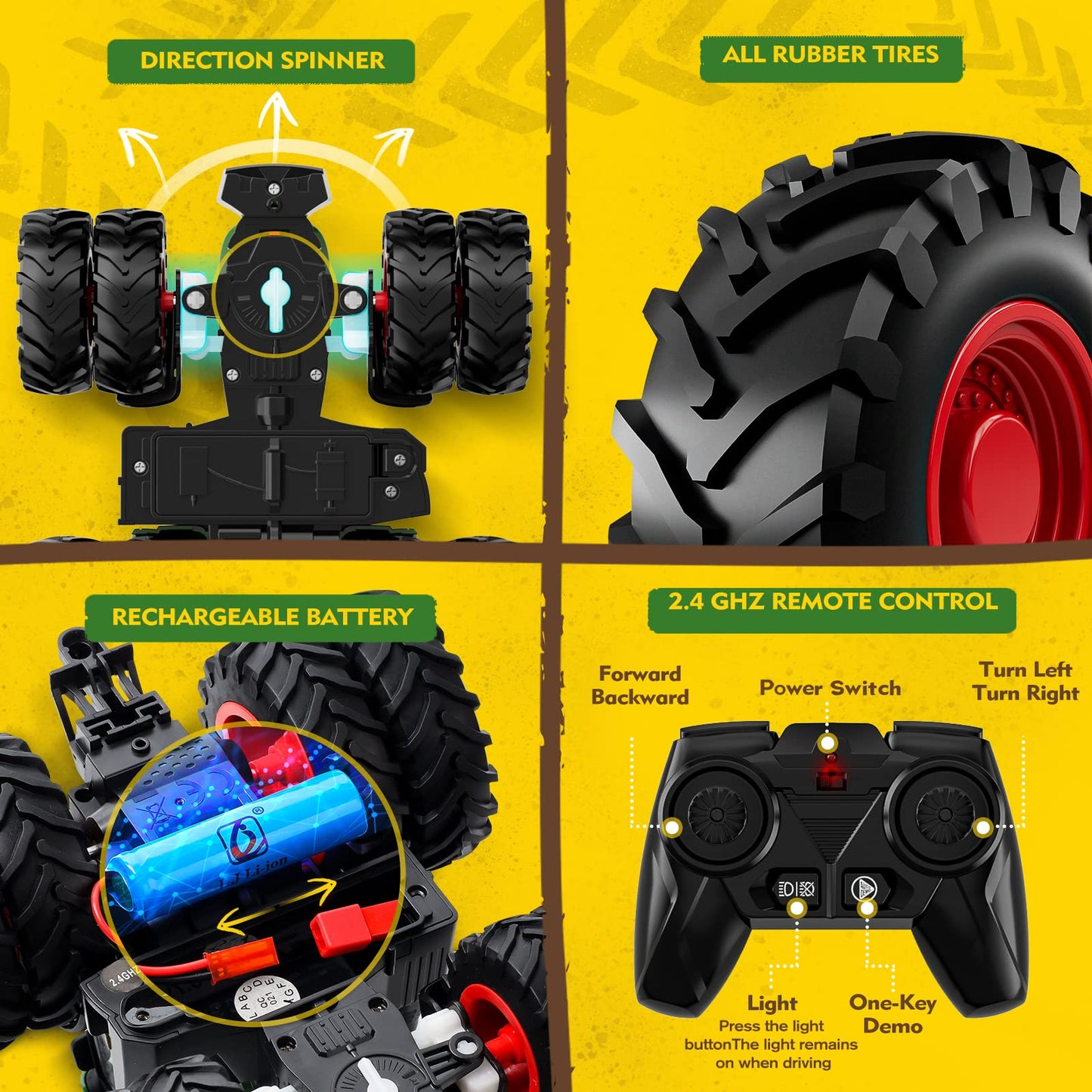 Uarzt Remote Control Tractor with Trailer — 8-Wheel Alloy, Front Loader, Lights, 2.4GHz RC Toy for Kids