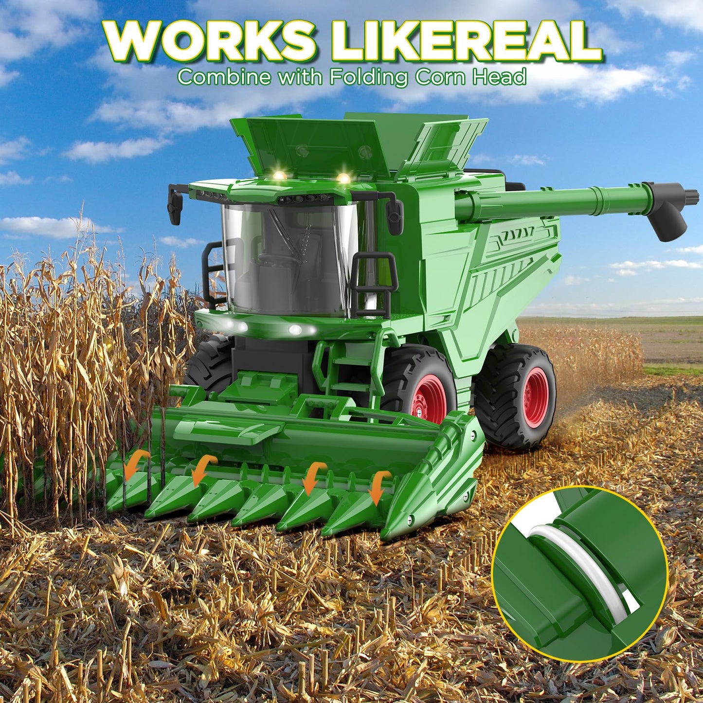 Uarzt Remote Control Combine Harvester Toy — Realistic Corn Head RC Tractor for Kids 3+ (1/24 Scale)