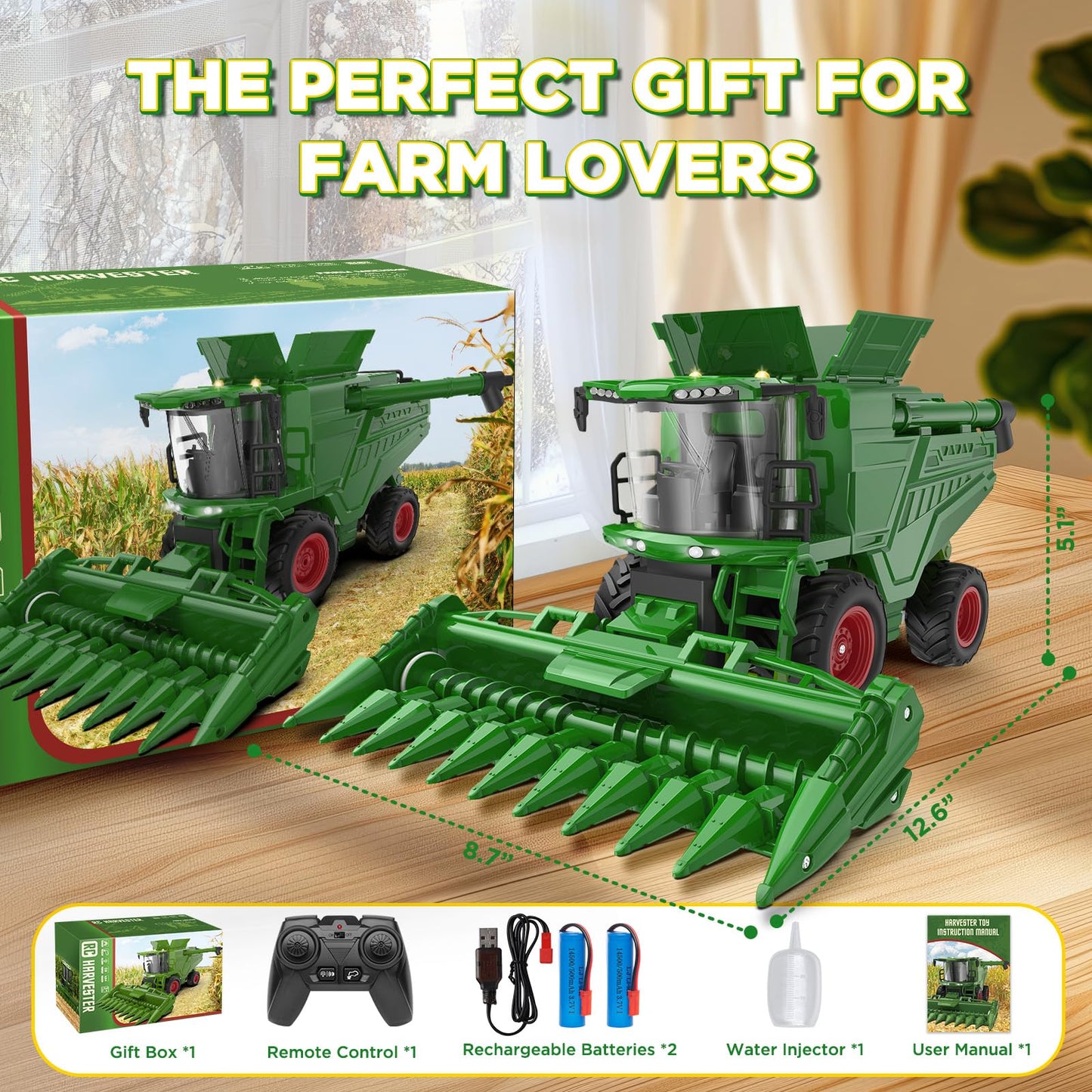 Uarzt Remote Control Combine Harvester Toy — Realistic Corn Head RC Tractor for Kids 3+ (1/24 Scale)