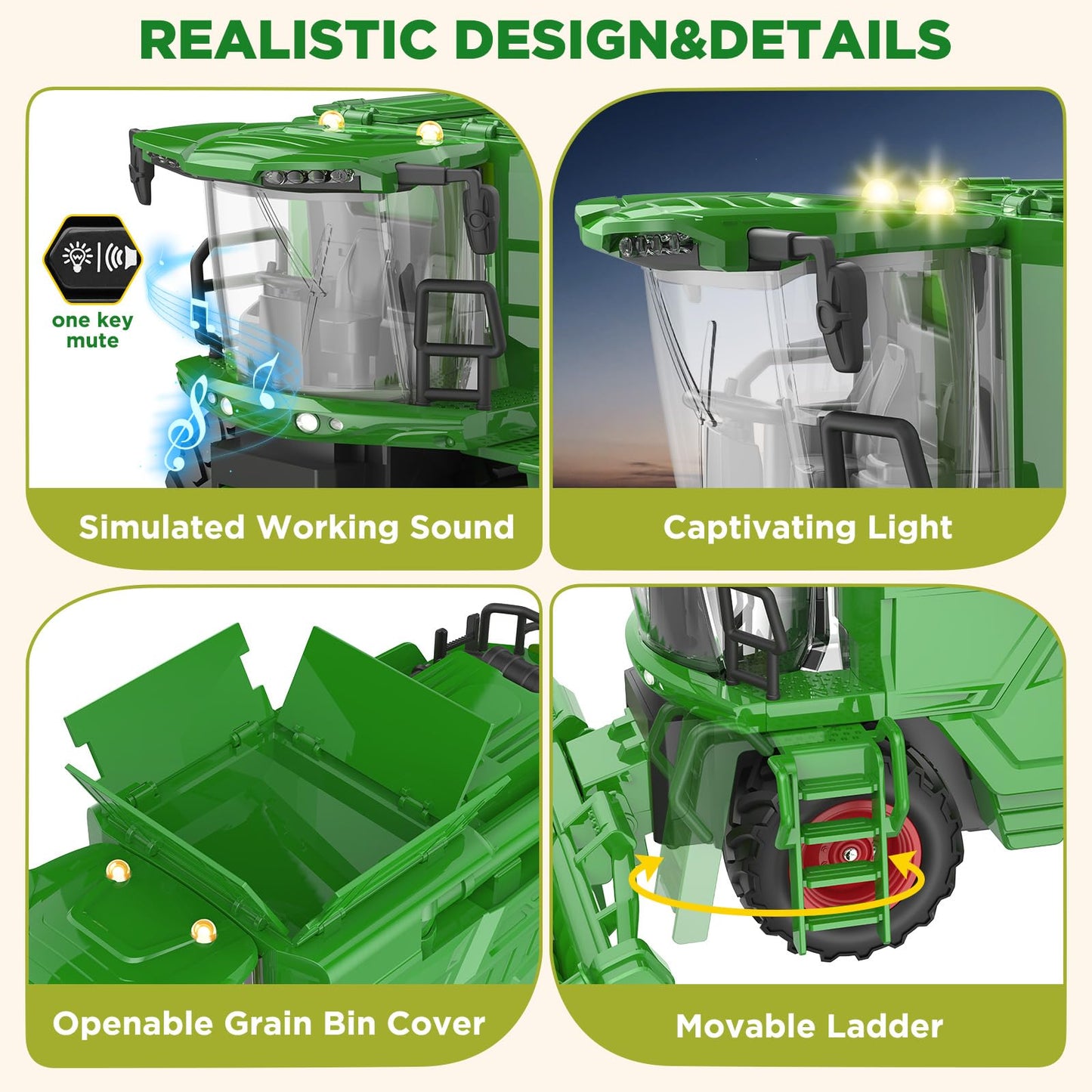 Uarzt Remote Control Combine Harvester Toy — Realistic Corn Head RC Tractor for Kids 3+ (1/24 Scale)
