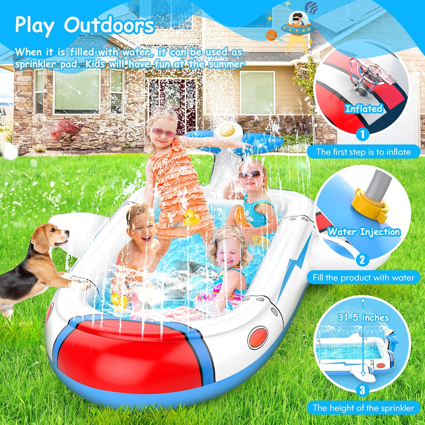 Uarzt 3-in-1 Kiddie Pool & Airplane Sprinkler — 68-Inch Backyard Splash Pad