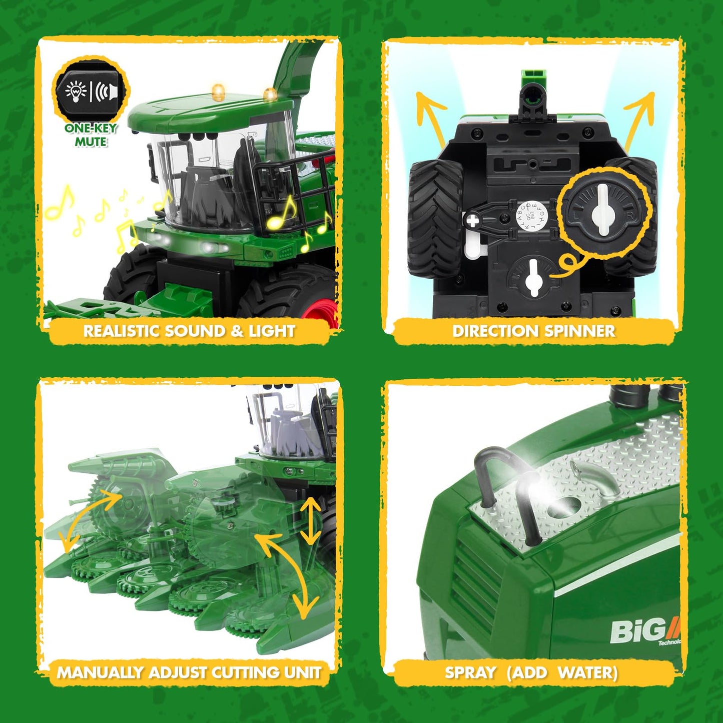 Uarzt 1/24 RC Harvester Tractor Toy – Dual Batteries, Interchangeable Heads, Realistic Lights
