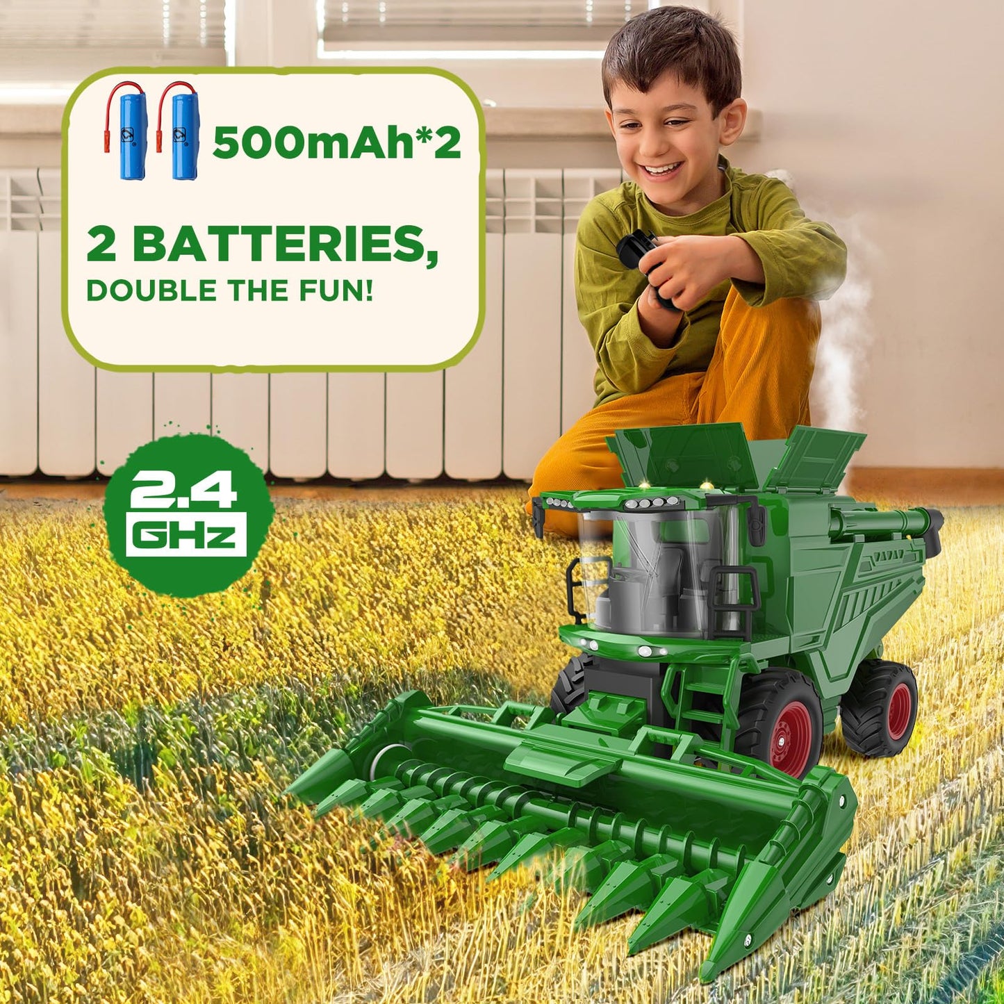 Uarzt Remote Control Combine Harvester Toy — Realistic Corn Head RC Tractor for Kids 3+ (1/24 Scale)
