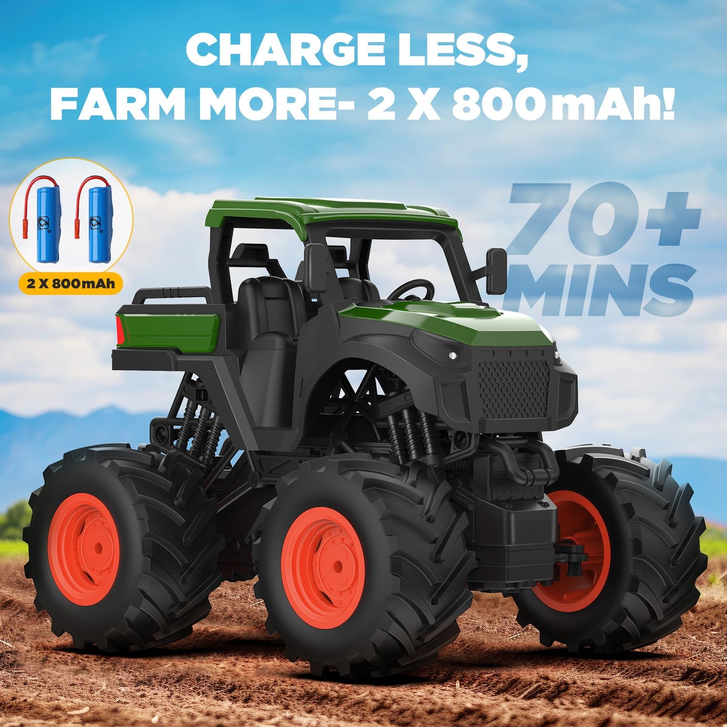 Uarzt 1:16 RC Tractor Toy – LED Lights, Realistic Sounds, 2×800mAh Battery