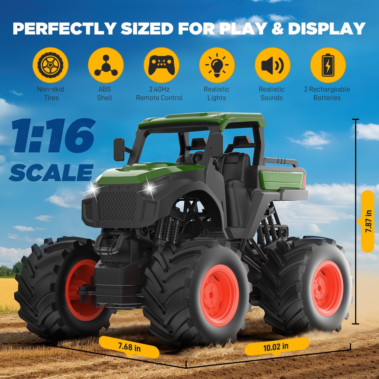 Uarzt 1:16 RC Tractor Toy – LED Lights, Realistic Sounds, 2×800mAh Battery