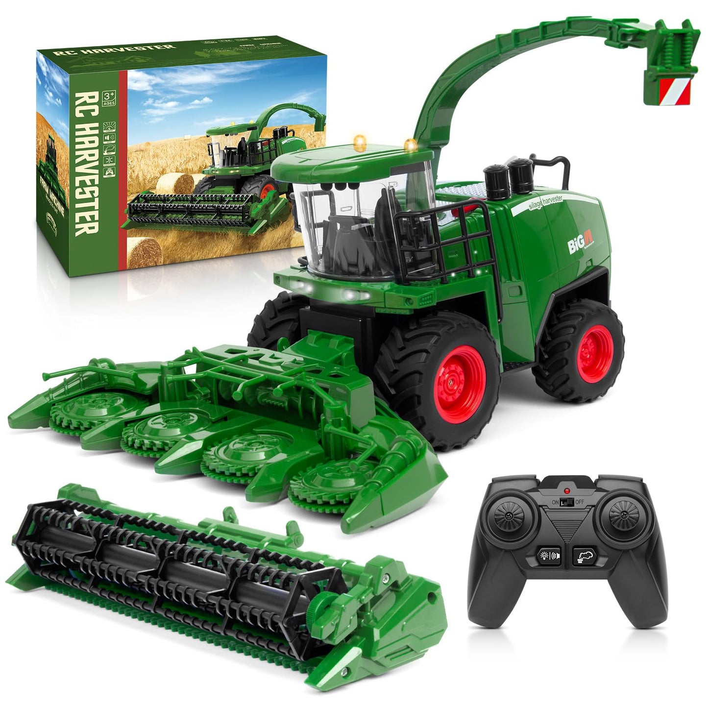 Uarzt 1/24 RC Harvester Tractor Toy – Dual Batteries, Interchangeable Heads, Realistic Lights