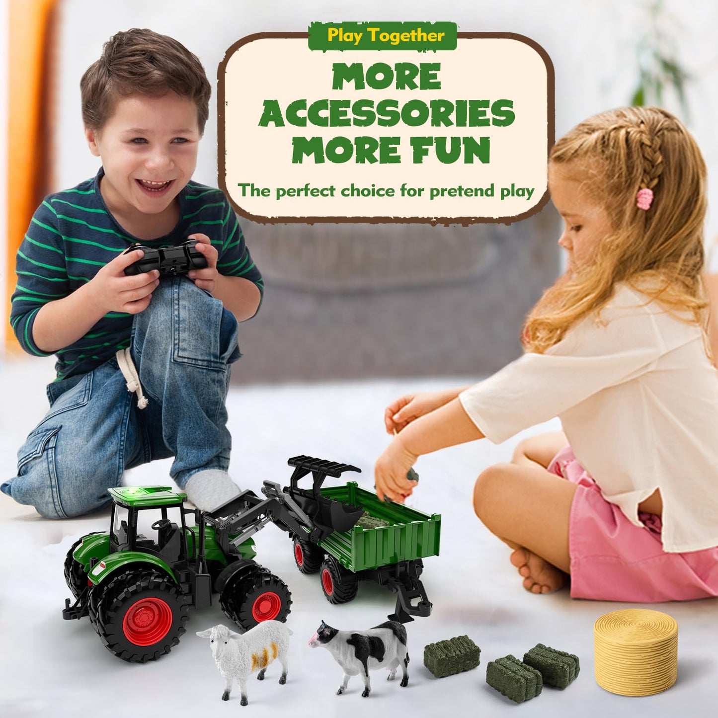 Uarzt Remote Control Tractor with Trailer — 8-Wheel Alloy, Front Loader, Lights, 2.4GHz RC Toy for Kids