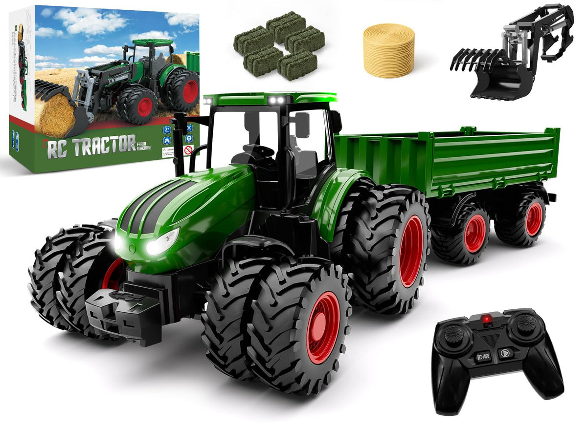 Uarzt Remote Control Tractor with Trailer — 8-Wheel Alloy, Front Loader, Lights, 2.4GHz RC Toy for Kids