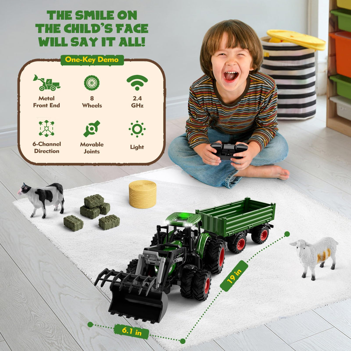 Uarzt Remote Control Tractor with Trailer — 8-Wheel Alloy, Front Loader, Lights, 2.4GHz RC Toy for Kids