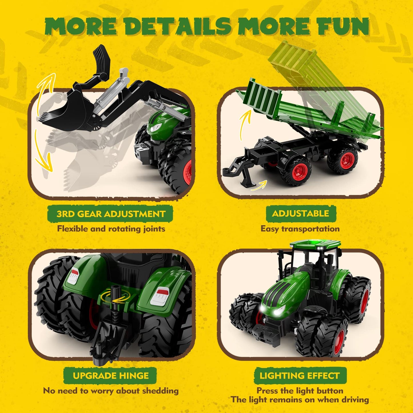 Uarzt Remote Control Tractor with Trailer — 8-Wheel Alloy, Front Loader, Lights, 2.4GHz RC Toy for Kids