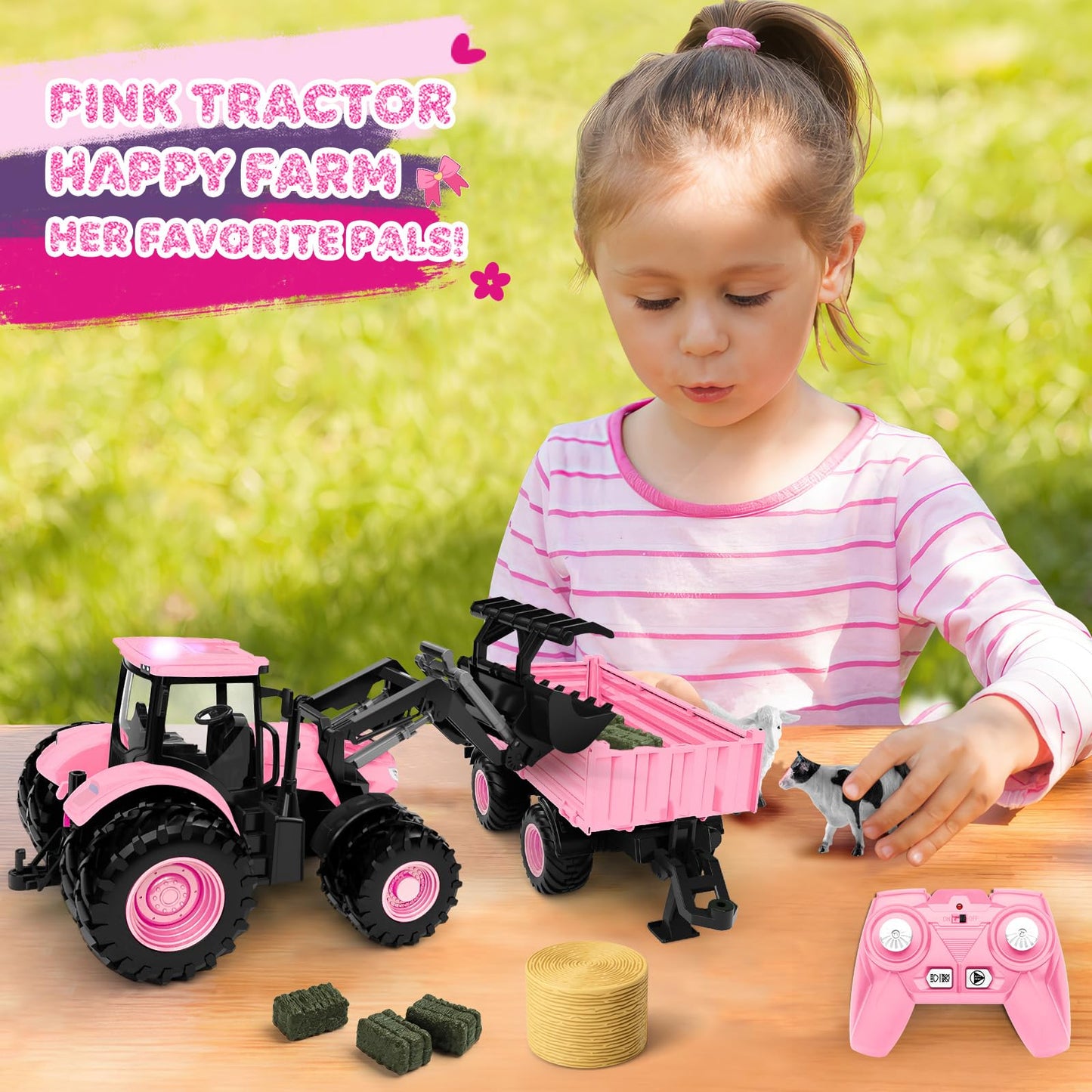 Uarzt Remote Control Tractor Toy Set in Pink – 8-Wheel Front Loader & Trailer (2.4GHz)