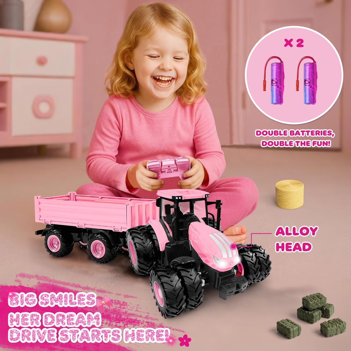 Uarzt Remote Control Tractor Toy Set in Pink – 8-Wheel Front Loader & Trailer (2.4GHz)